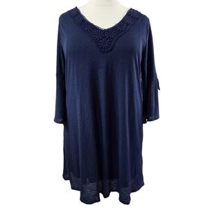 Naif NWT Navy Blue Textured Crochet V-Neck Bell Sleeve Midi Dress Lined Boho
